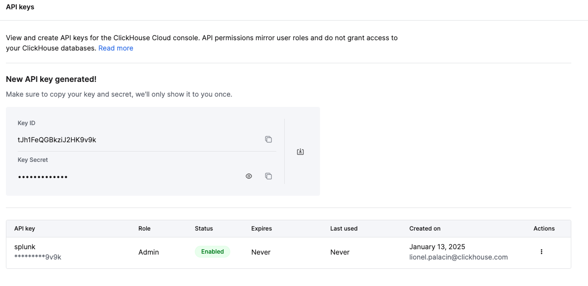 저장해야 할 생성된 API Key와 secret을 보여주는 ClickHouse Cloud console